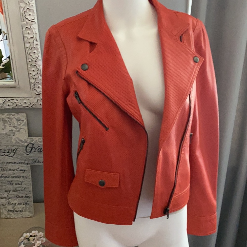 TRUTH & PRIDE Leather Orange Moto Jacket Size Small